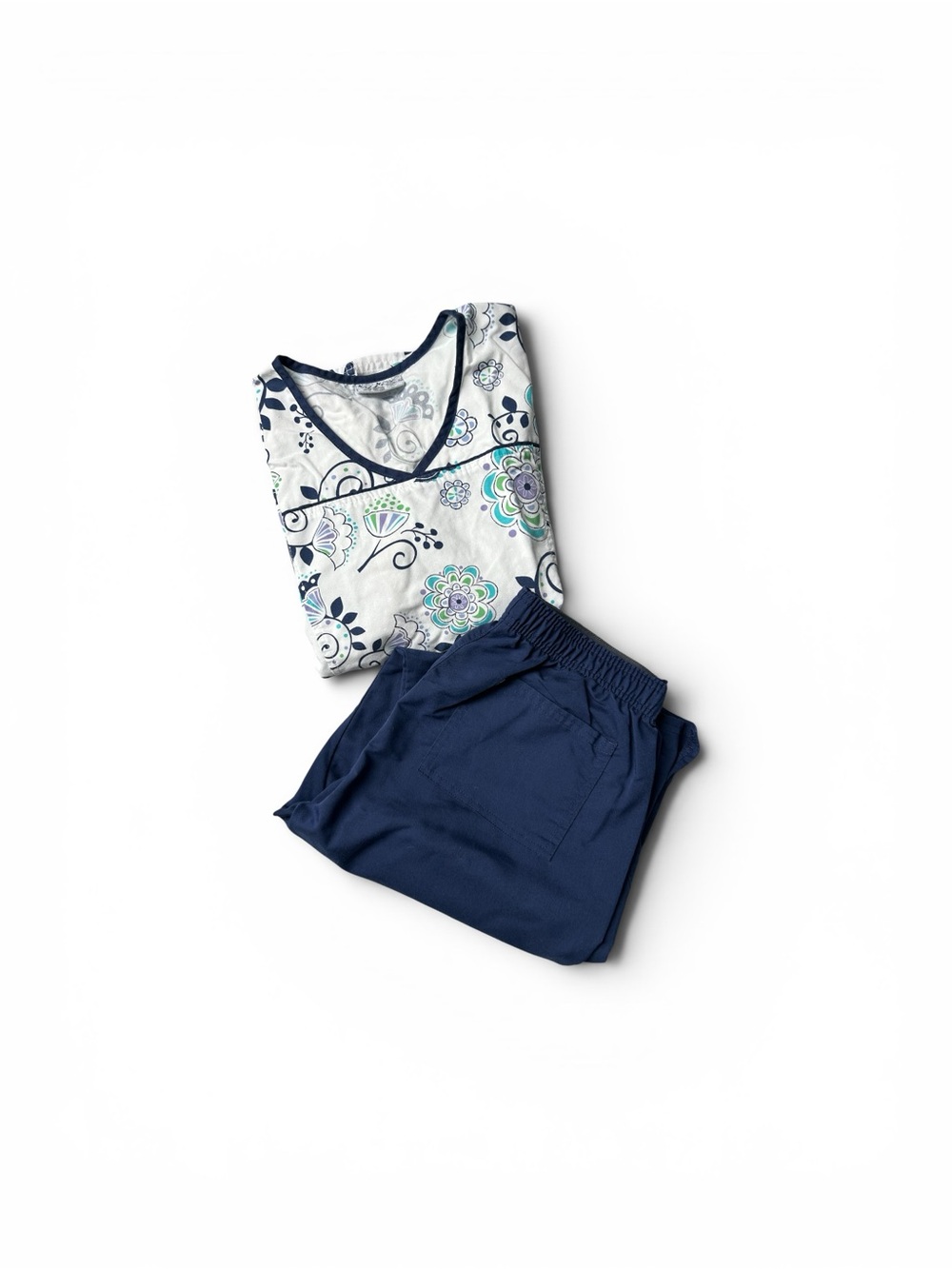 Floral V-Neck Top and Navy Scrub Pants Set
